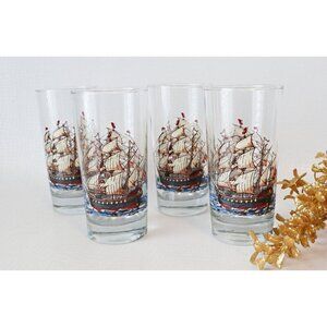 4 Vintage Galleon Ship Tumblers Drinking Glasses Pirate Ship Libbey Nautical